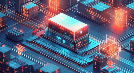 Digital illustration of an advanced technology hub with smart packaging and microchips