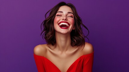 Beautiful woman with red lips laughing with eyes closed.