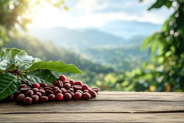 coffee beans and coffee cherry on wooden desk with the mountain clouds and blue sky background.