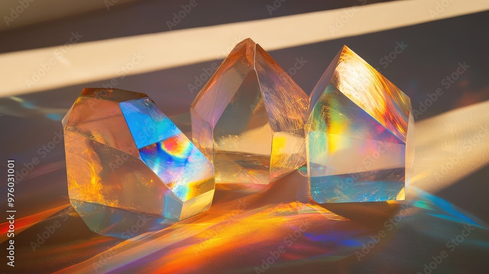 Poster floating translucent prisms casting intricate light patterns on a matte surface.
