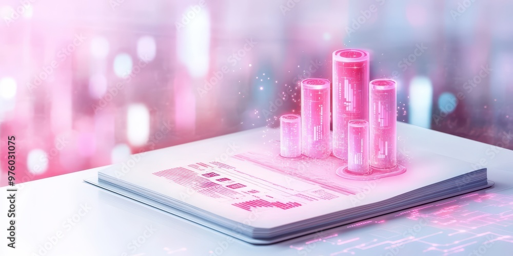 Poster a vibrant digital dashboard displaying data visualization with pink holographic graphs and charts, i