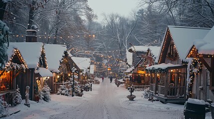 Snowy Village Street Decorated with Christmas Lights and Ornaments