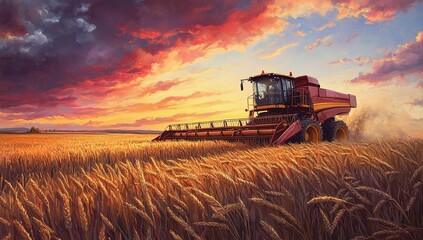 Fototapeta premium Combine harvester working at sunset in a vast wheat field under a colorful sky