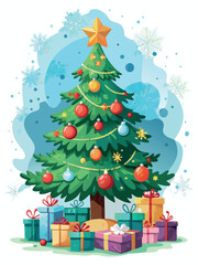 Obraz premium A Christmas tree with many ornaments and a star on top. The tree is surrounded by boxes and presents, giving the impression of a festive and joyful scene