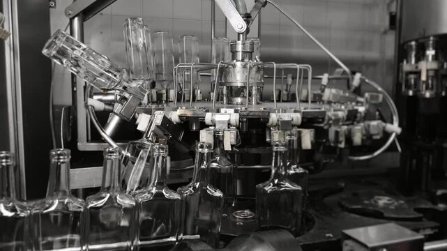 Empty rectangular glass bottles washing process on industrial bottling line.