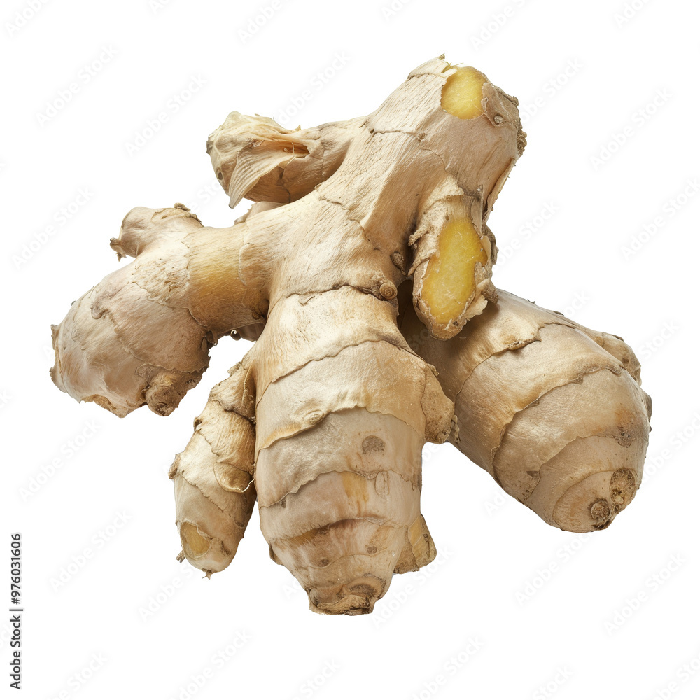 Poster fresh ginger root showcasing its unique shape and texture against a transparent background in natura