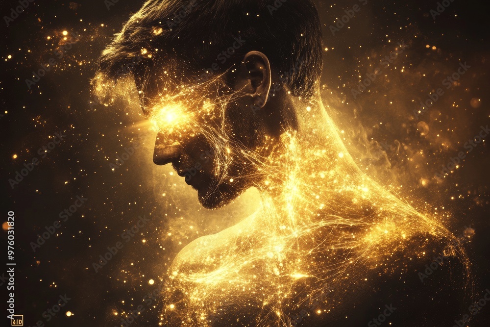 Poster digital human form dissolving into golden particles representing the ephemeral nature of existence a