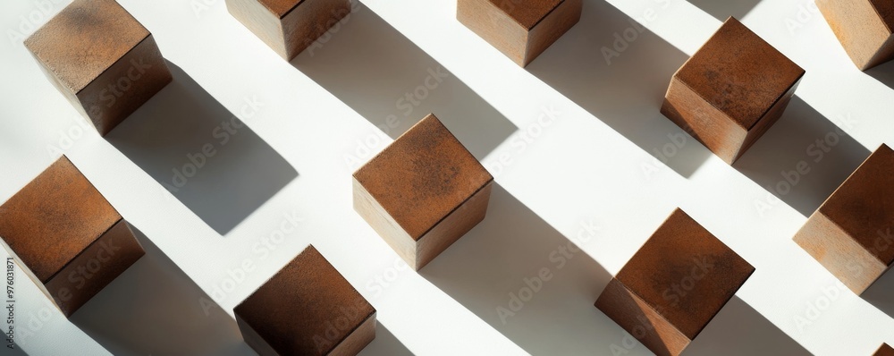 Poster abstract pattern with brown cubes casting shadows on white background