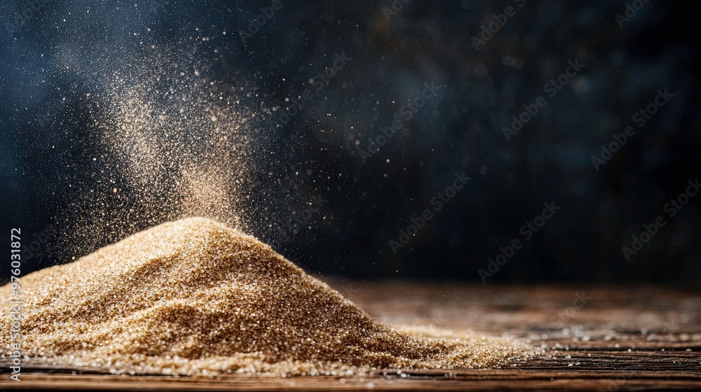 Poster golden sand resting on a rustic wooden surface, illuminated by soft light in a dramatic setting