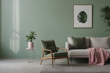 Modern living room The walls are painted in a soft light green color and there is a large window on the left side, there is a wooden armchair and a small side table with a pink vase on it.