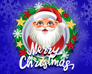 vector template banner postcard with cheerful Santa Claus in snowflakes and text Merry Christmas
