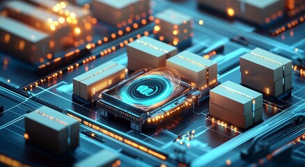 Digital illustration of an advanced technology hub with smart packaging and microchips