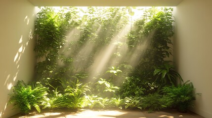Lush greenery illuminated by sunlight creating a serene and tranquil indoor nature scene.