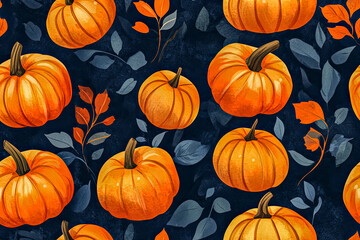 A seamless pattern of vibrant orange pumpkins scattered on a black background. Perfect for seasonal designs, Halloween, and autumn-themed projects.