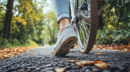 Naklejka premium Urban Cycling Adventure Close-up of Woman's Foot on Bright Bicycle Pedal in City Park