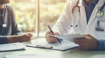 Doctor consulting patient with medical records in healthcare setting