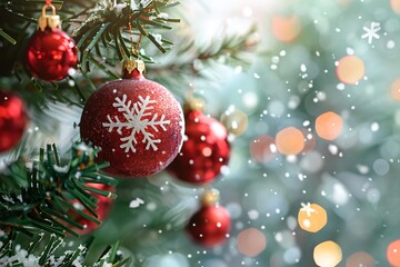 Naklejka premium Festive decorations in a winter branch setting with a holiday composition and Yule elements, providing a New Year background with a variety of berries, cones, ,Christmas street decorations. 