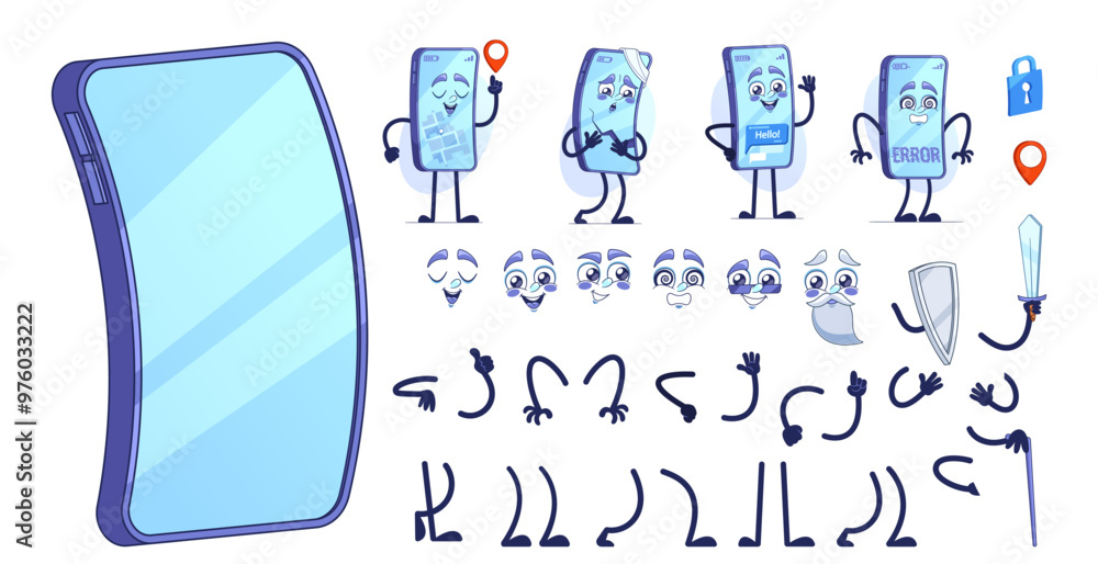 Poster creative animation set featuring various animated smartphone characters with interchangeable faces a