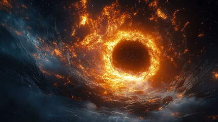 Fiery Galactic Tunnel in Space with Explosive Light and Black Hole Concept, Ideal for Sci-Fi Themes and Cosmic Exploration