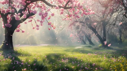 Fototapeta premium Spring landscape with blooming flowers and cherry blossoms