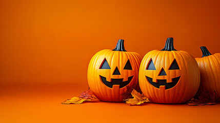 Smiling Jack O Lanterns on Orange Background with Autumn Leaves for Halloween Decoration Concept