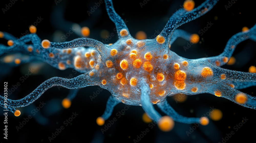 Poster intricate closeup of single neural cell with yellow outlines showcasing detailed structure and patte