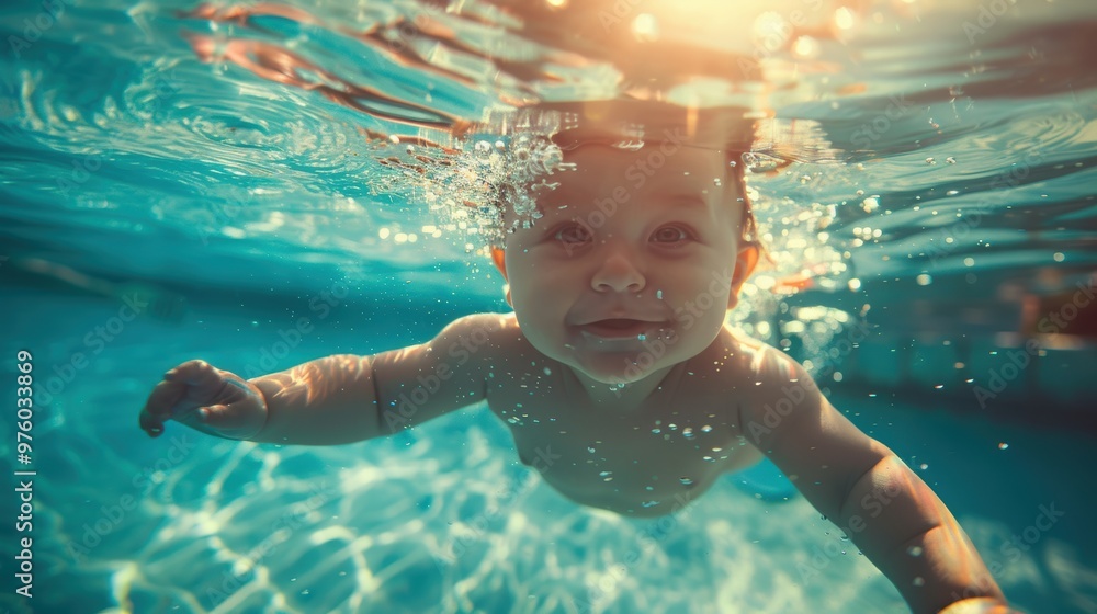 Wall mural Cute smiling baby having fun swimming and diving in the pool at the resort on summer vacation. Sun shines under water and sparkling water reflection. Activities and sports to happy kid