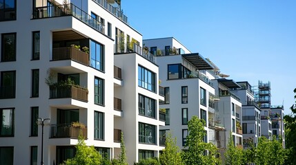 Modern apartment buildings with white facade and balconies, sunny day.