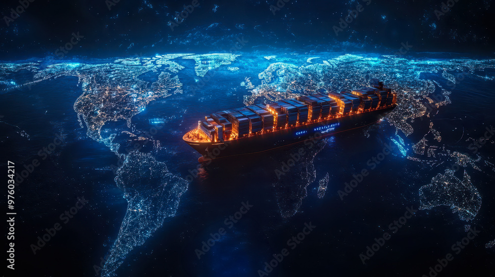 Poster global logistic network and cargo ship distribution across illuminated world map for international d