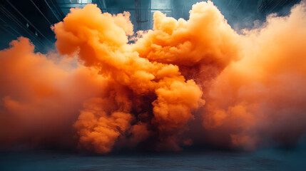 Fototapeta premium Dynamic Burst of Orange Smoke in Industrial Setting Emitting Dense Cloud for Dramatic Effects in Photography and Film