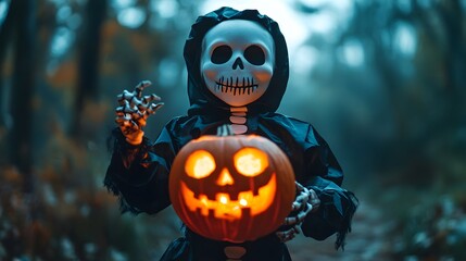 Naklejka premium A child in a skeleton costume holding glowing pumpkin