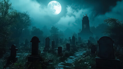 Moonlit Graveyard with Shadows and Overgrown Cemetery at Night Creating a Mysterious Atmosphere Conceptual for Halloween, Gothic, Horror, and Paranormal Themes with Tombstones and Gothic Monument