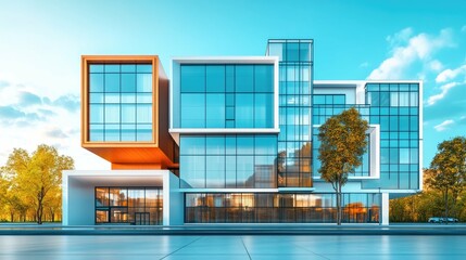 Modern office building with glass facade and geometric design.