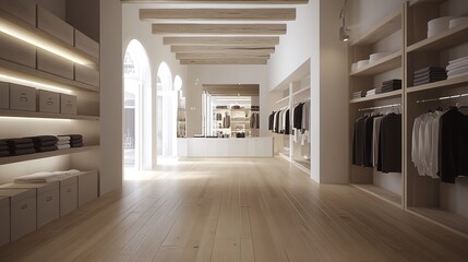 Spacious modern retail store interior showcasing neatly arranged clothing and stylish decor with warm wooden floors.