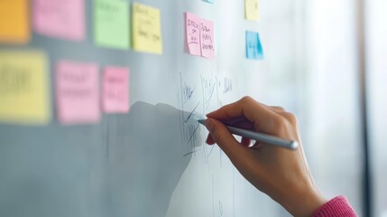 Obraz premium A closeup of a hand erasing and rewriting notes on a glassboard