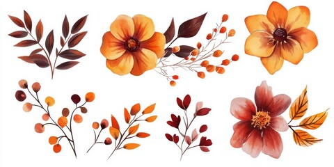 This vibrant autumn flower collection showcases colorful leaves and wildflowers, ideal for unique invitations or delightful cards celebrating the charm of the beautiful fall season