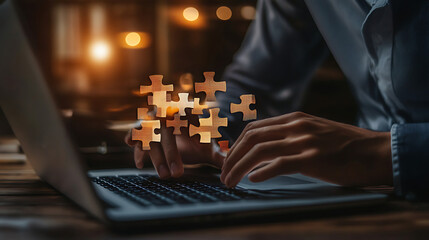 Businessman use laptop with jigsaw icon for solution and leadership strategies concept,Digital solution, collaboration,partners,merge,matching concept, use technology run fast jigsaw organization,Ai