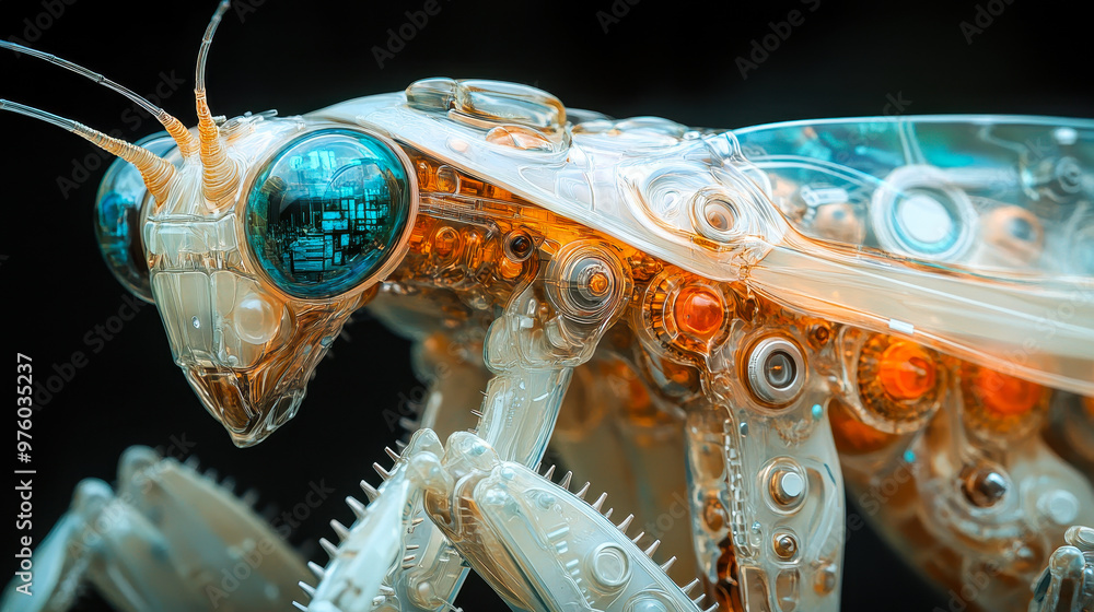 Poster cybernetic praying mantis close-up, intricate mechanical details, futuristic design, translucent she