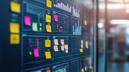 A glassboard filled with agile project management charts and sticky notes
