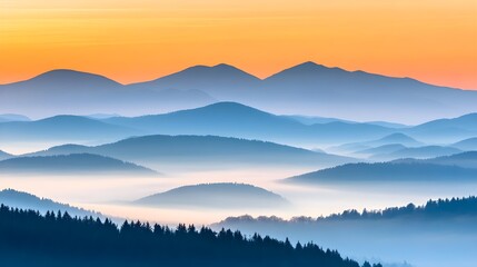 Stunning view of layered blue mountains at sunrise, enveloped in mist, creating a serene and tranquil atmosphere.