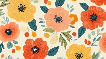 Seamless pattern with colorful flowers and leaves on a light background.
