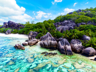 Aerial view of Anse Source d'Argent beach in Seychelles