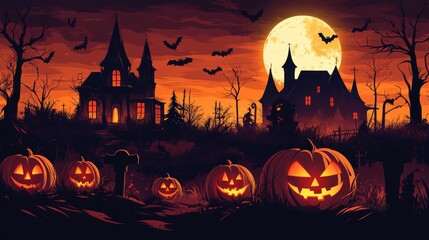 Glowing jack-o'-lanterns in a spooky Halloween scene with haunted houses, full moon and bats flying in the dark.