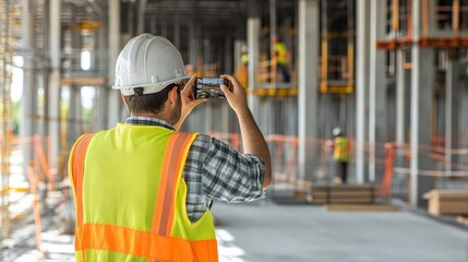 Engineer taking photos of construction progress during lunch break