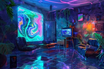 Obraz premium A futuristic scene with swirling brushstrokes and vibrant colors depicting a high-tech home with smart furniture, holographic displays, and a minimalist aesthetic