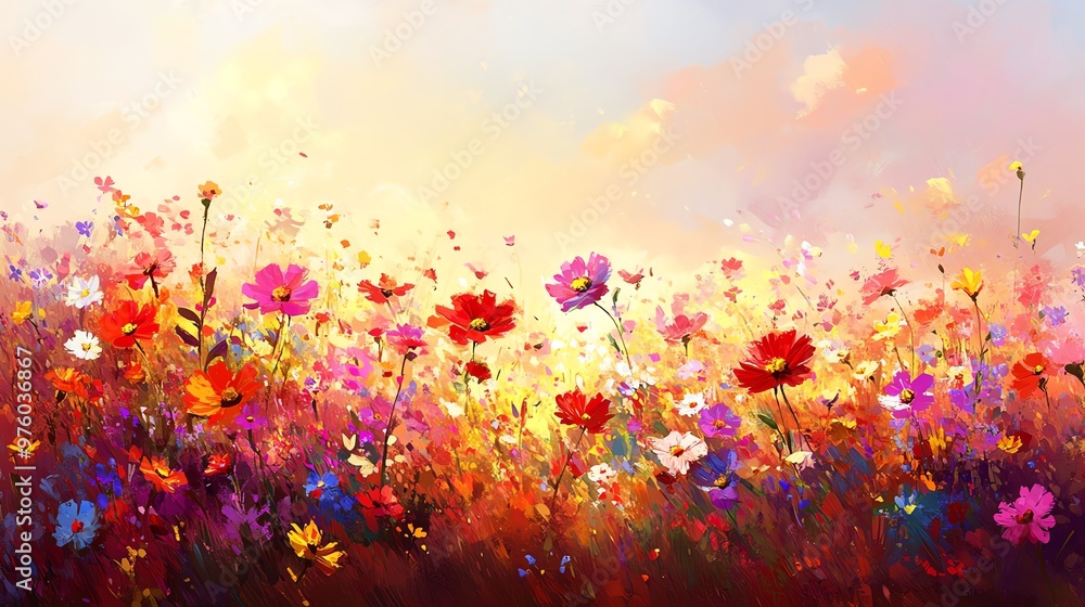 Poster vibrant field of colorful flowers under a soft sunset, creating a serene and enchanting atmosphere p