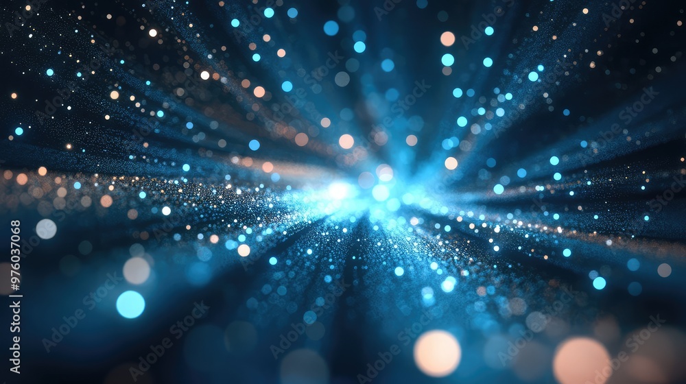 Poster pulsating dots of light spreading in a radial pattern, resembling digital raindrops.