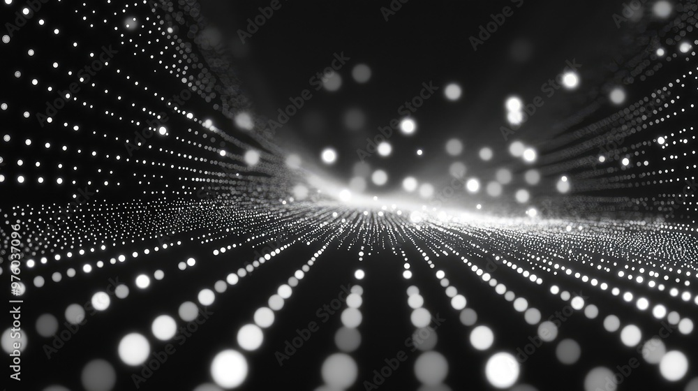 Poster pulsating dots of light spreading in a radial pattern, resembling digital raindrops.