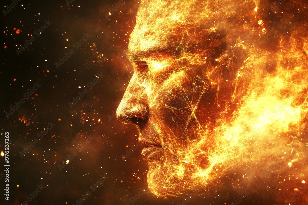 Poster fiery profile of a man dissolving into flames symbolizing passion transformation and the burning for