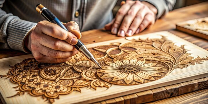 Artist creating detailed pyrogravure art on wood with a pyrography pen, pyrography, wood, burning, artist, creativity, intricate